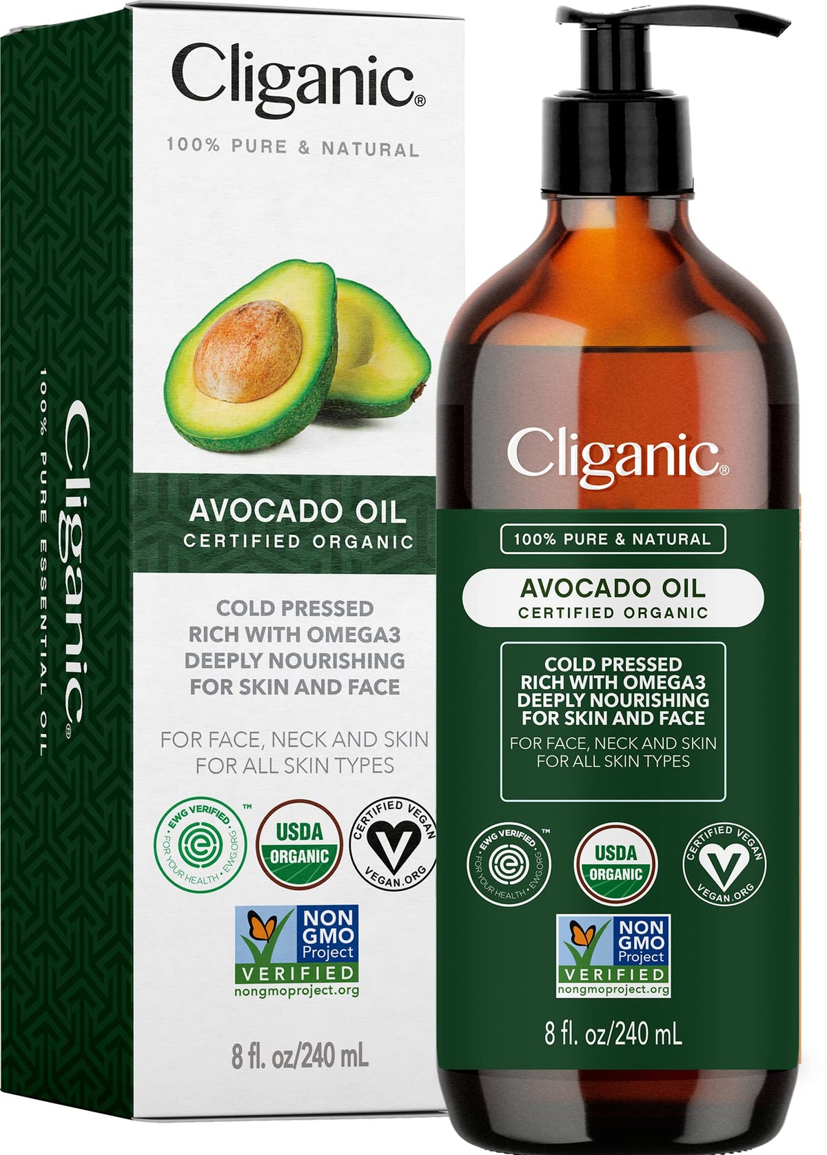 Cliganic bottle front packaging showing organic label and 8oz size benefit