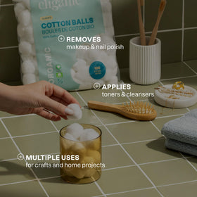 cliganic cotton balls in bathroom setting showing convenience and daily routine benefit