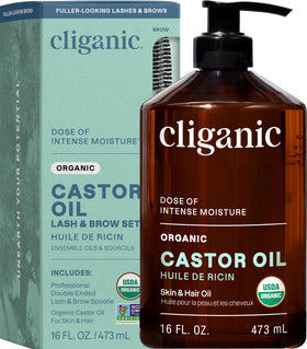 Cliganic castor oil front packaging shows organic certification and large bottle benefit
