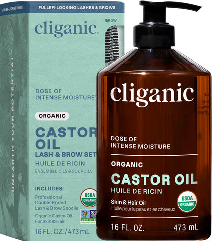 Cliganic castor oil front packaging shows organic certification and large bottle benefit