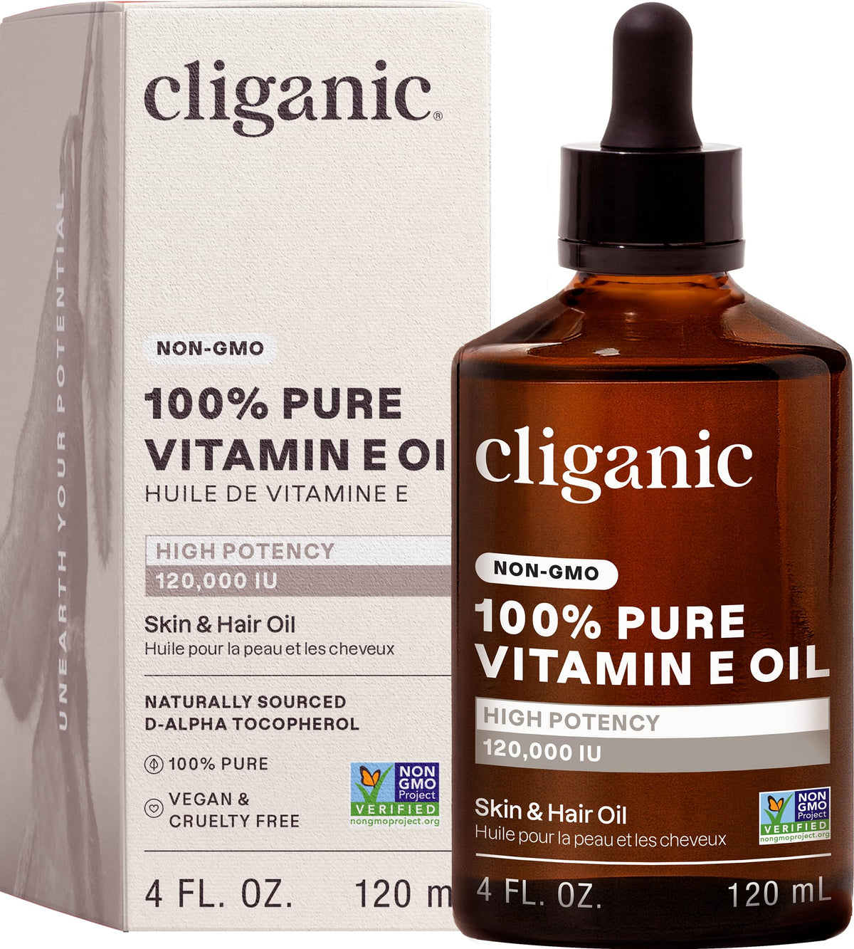 Cliganic front bottle showing label and concentrated vitamin E oil benefit