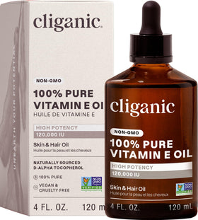 Cliganic front bottle showing label and concentrated vitamin E oil benefit