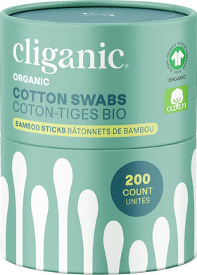 Cliganic front packaging showing 200-count eco-friendly swabs and clear benefit