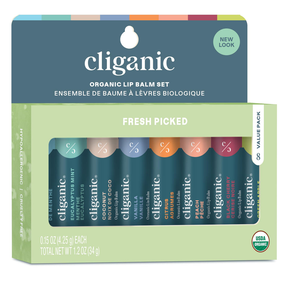 Cliganic front packaging showing eight organic lip balms and variety