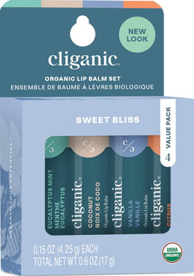 Cliganic front packaging showing four balms and travel-ready benefit