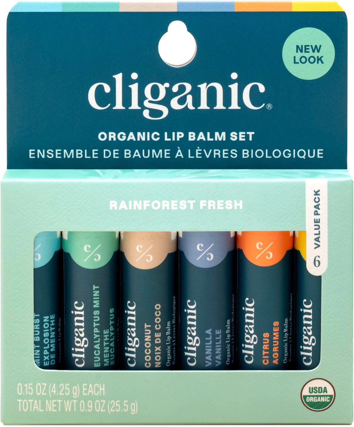 Cliganic front packaging showing six organic lip balms and benefits