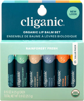 Cliganic front packaging showing six organic lip balms and benefits