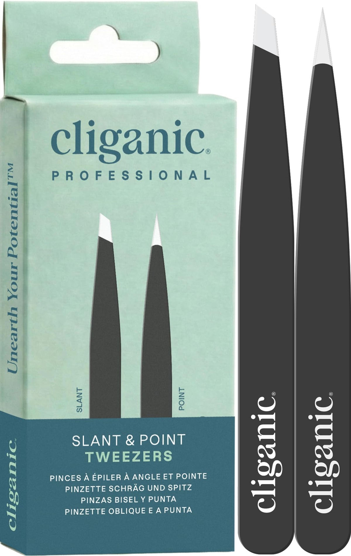Cliganic front packaging showing both tweezers and benefits