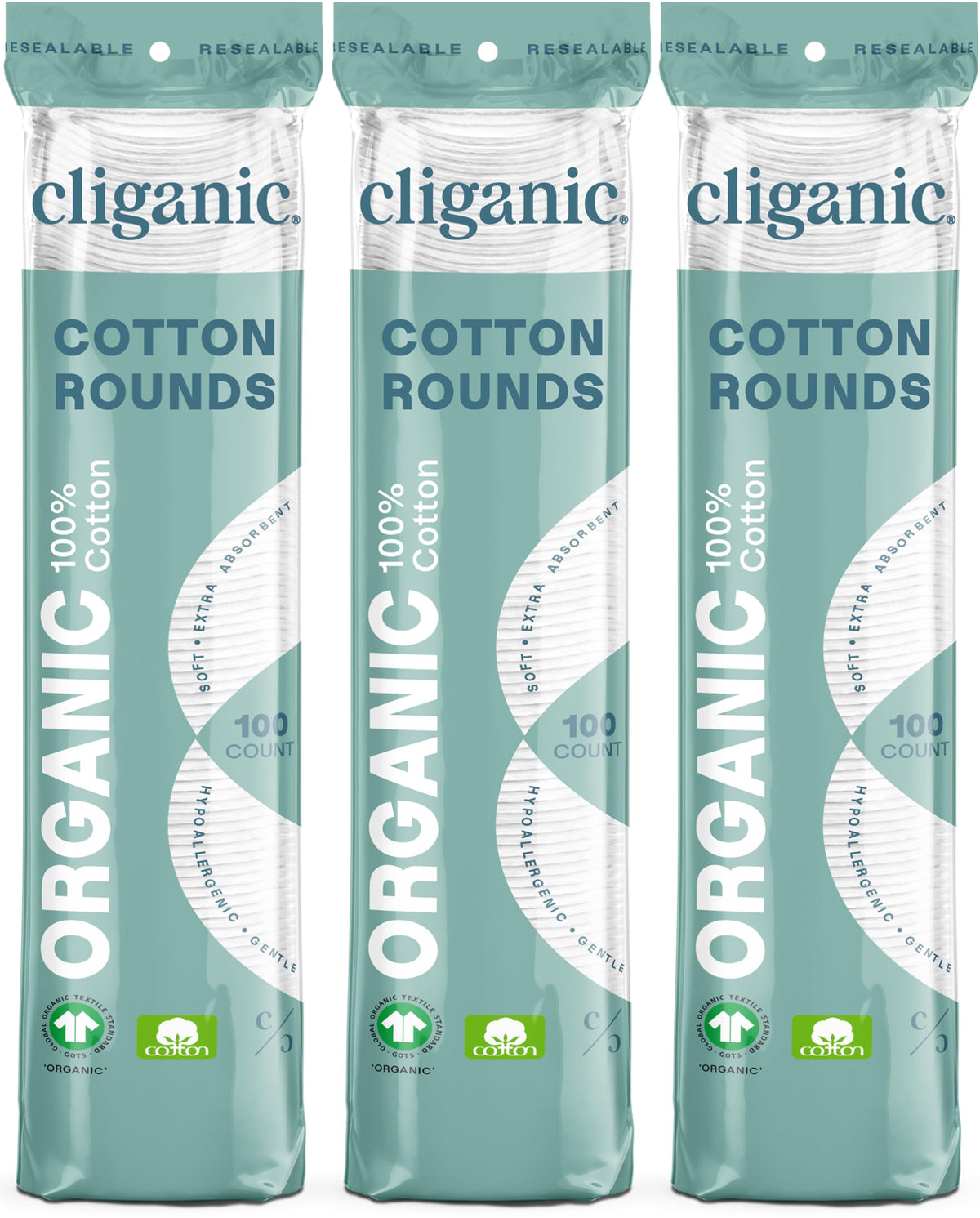 Cliganic front packaging showing 300-count pads and brand benefit