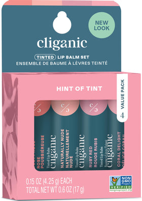 Cliganic front packaging showing four tinted lip balms and product name benefits