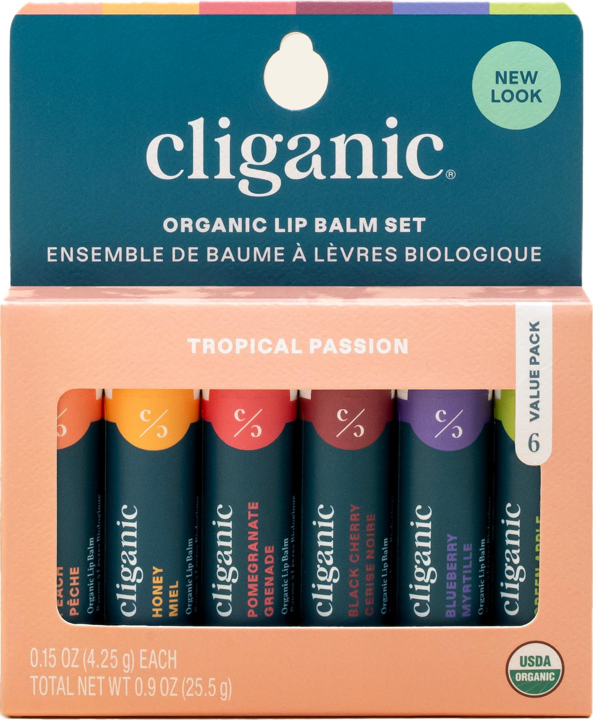 Cliganic front packaging showing six organic lip balm tubes and vibrant colors