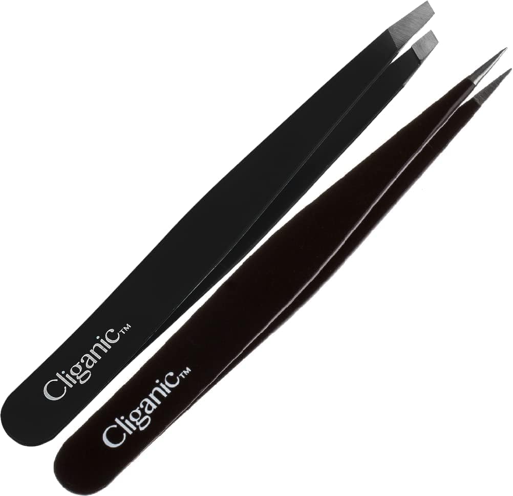 Cliganic tweezers in use shaping eyebrow for cleaner definition