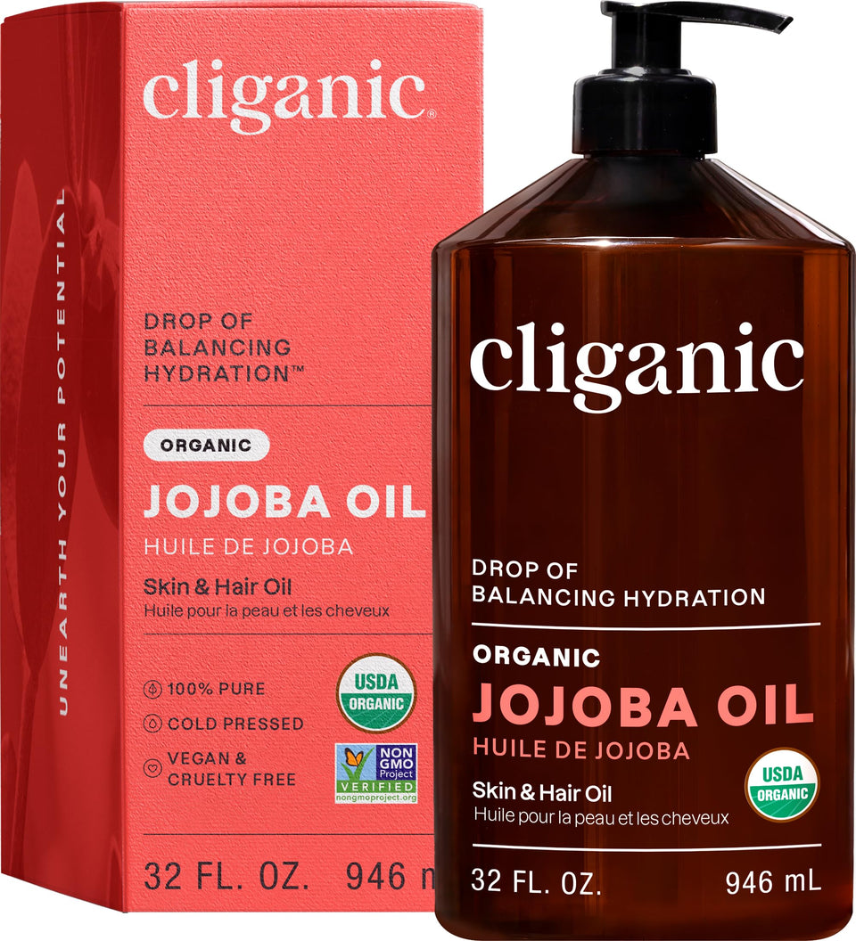 Cliganic front bottle showing 32 oz bulk jojoba oil and easy dispensing