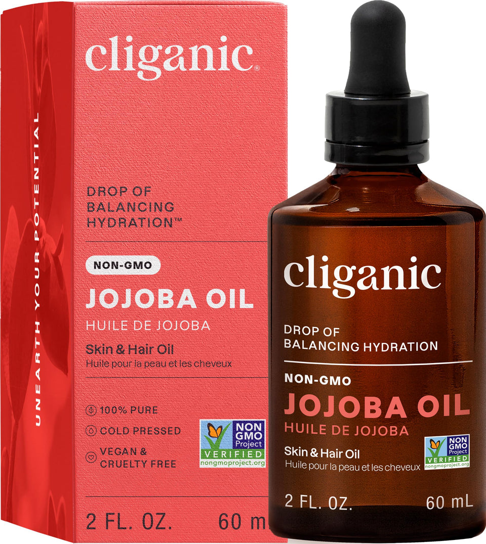 Cliganic jojoba oil front bottle showing packaging and organic certification benefits