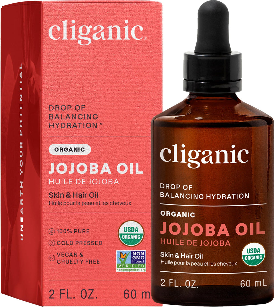 Cliganic jojoba oil front packaging showing bottle and label — pure hydration benefit