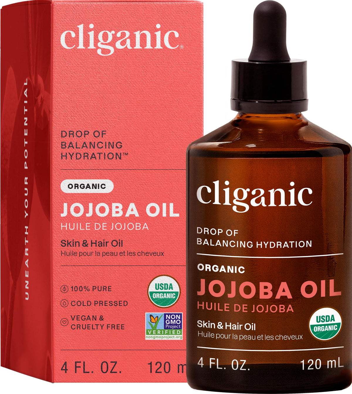 Cliganic jojoba oil front packaging showing clean organic bottle and cap, promotes hydration