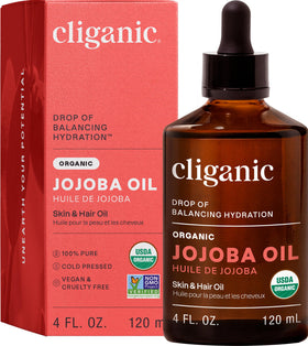 Cliganic jojoba oil front packaging showing clean organic bottle and cap, promotes hydration