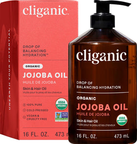 Cliganic jojoba oil 16oz pump bottle front showing packaging and bulk value