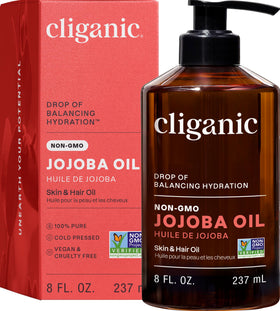 Cliganic jojoba oil front packaging showing label and bottle benefit