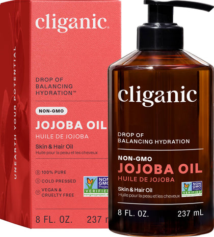 Cliganic jojoba oil front packaging showing label and bottle benefit