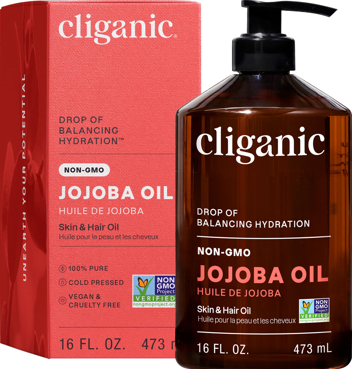 Cliganic jojoba oil front packaging showing 16oz bottle and pump, easy dispensing benefit