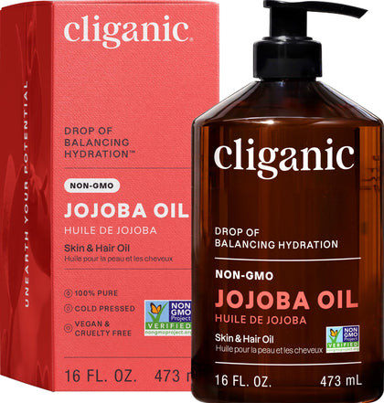 Cliganic jojoba oil front packaging showing 16oz bottle and pump, easy dispensing benefit
