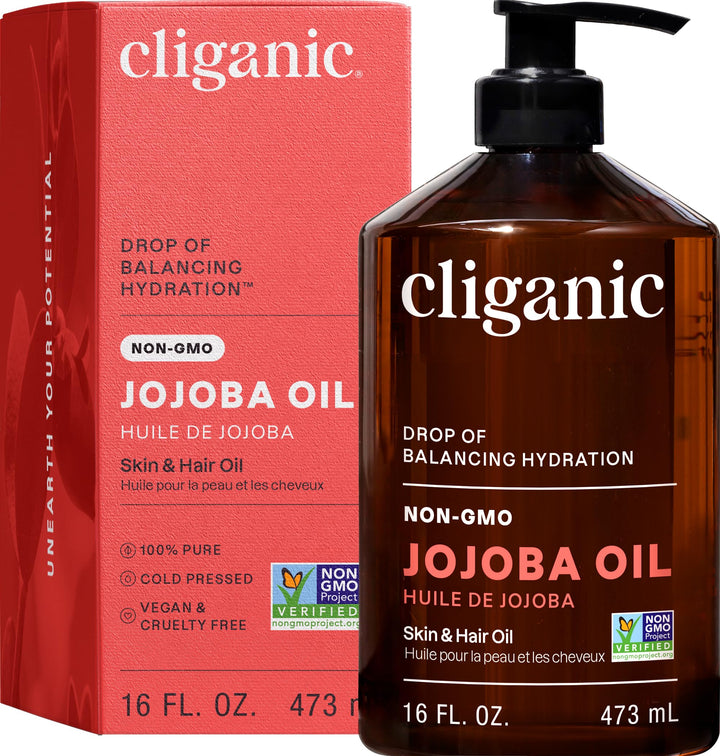 Cliganic jojoba oil front packaging showing 16oz bottle and pump, easy dispensing benefit