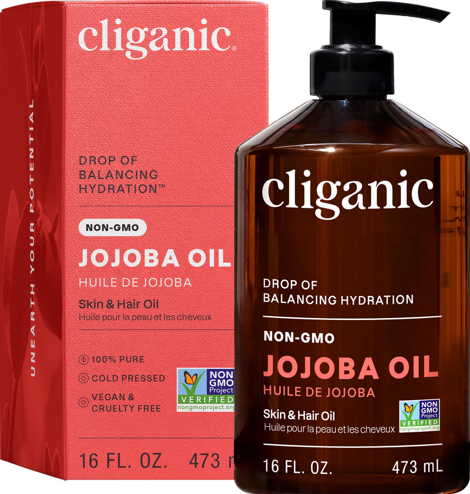 Cliganic jojoba oil front packaging showing 16oz bottle and pump, easy dispensing benefit
