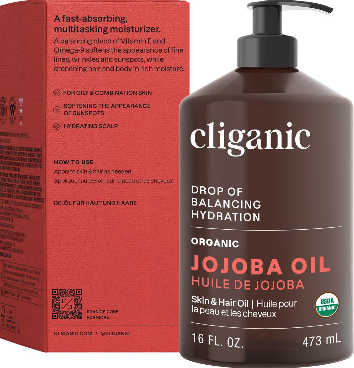 Cliganic jojoba oil bottle with badges showing USDA organic and non-GMO benefits