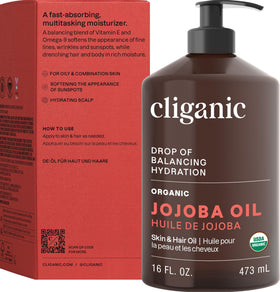 Cliganic jojoba oil bottle with badges showing USDA organic and non-GMO benefits
