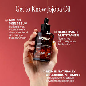 Cliganic jojoba oil pump dispensing a measured drop, clean usage and convenience benefit