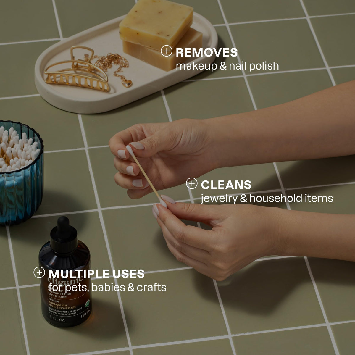 Cliganic swabs on bathroom vanity depicting stylish, sustainable storage