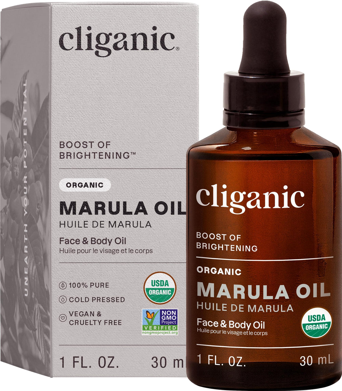 Cliganic marula oil front bottle showing label and organic benefit