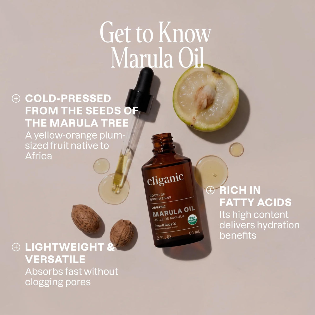 Cliganic marula oil dropper pouring a drop highlighting purity