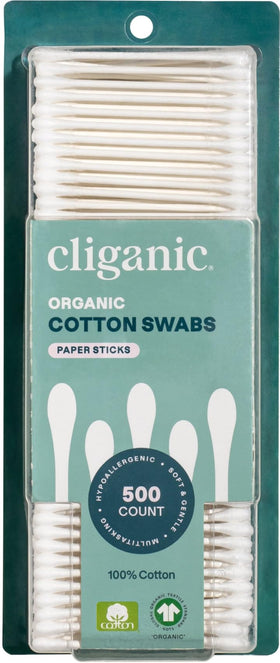 Cliganic front pack of 500 organic cotton swabs showing brand and eco messaging benefiting sustainable choice
