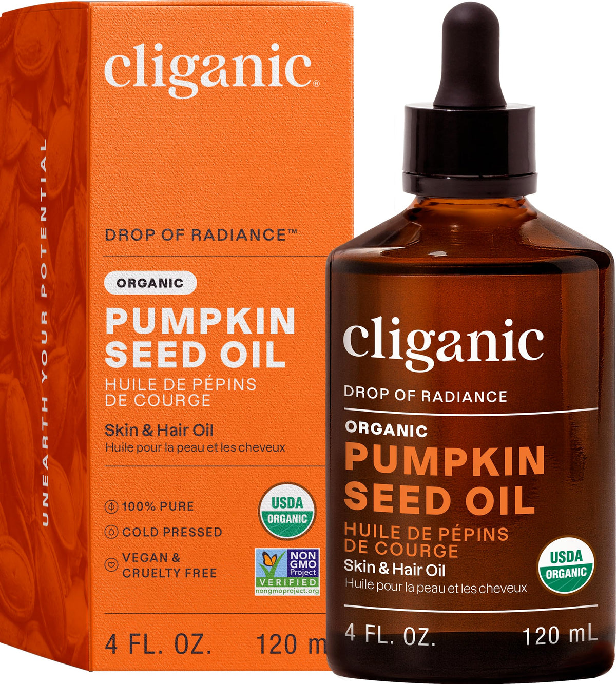 Cliganic bottle front view showing organic pumpkin seed oil benefits