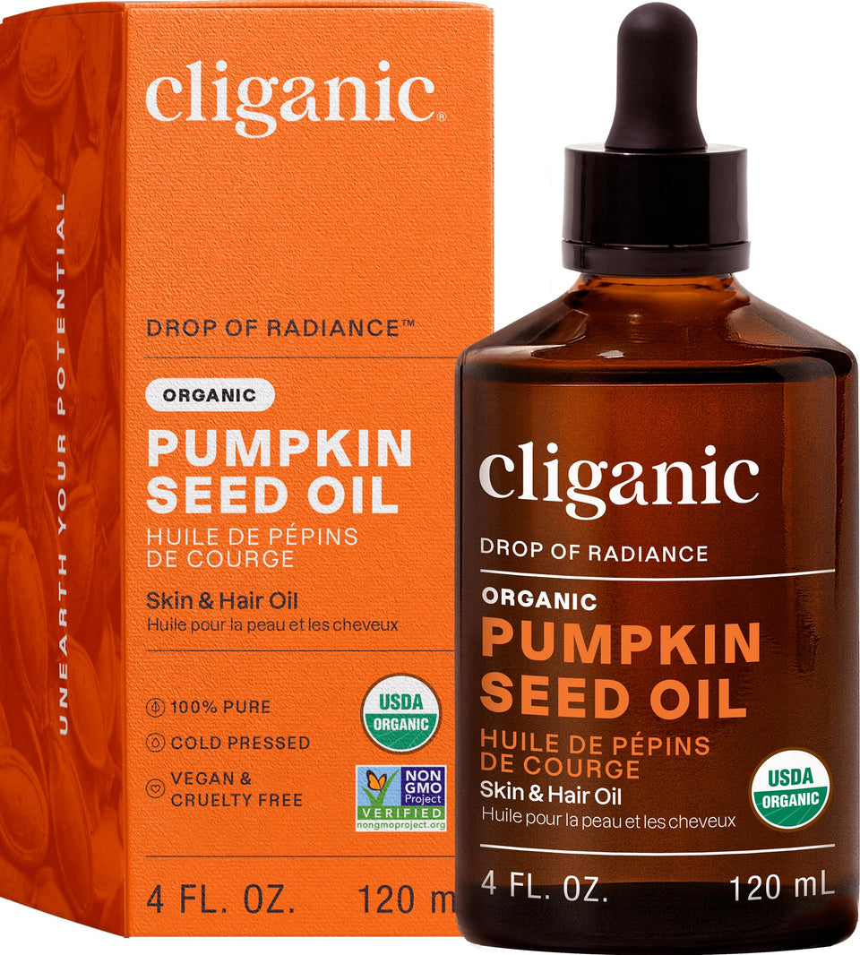 Cliganic bottle front view showing organic pumpkin seed oil benefits