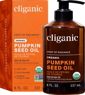 Cliganic pumpkin seed oil front packaging showing organic label and benefits