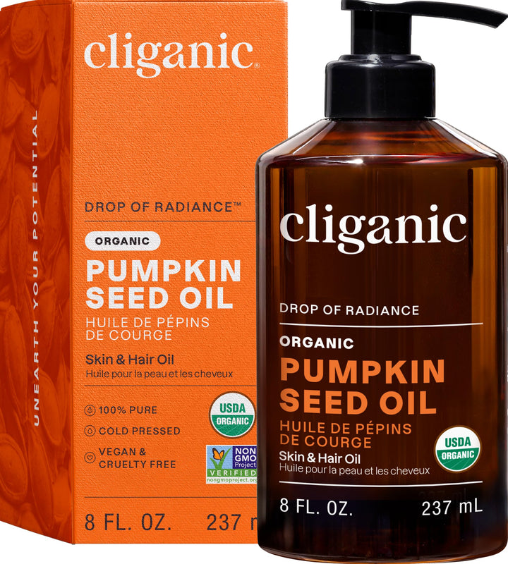 Cliganic pumpkin seed oil front packaging showing organic label and benefits