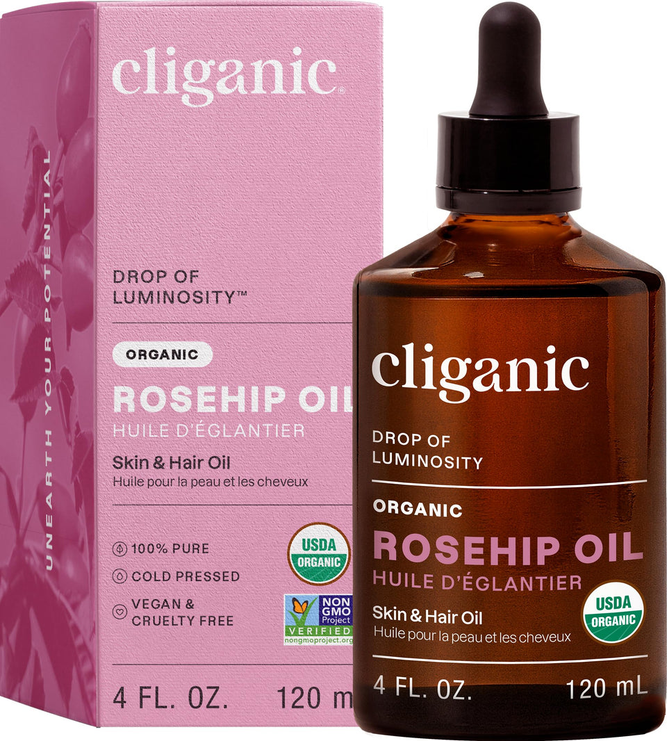 Cliganic rosehip oil front bottle showing packaging and organic label for natural care
