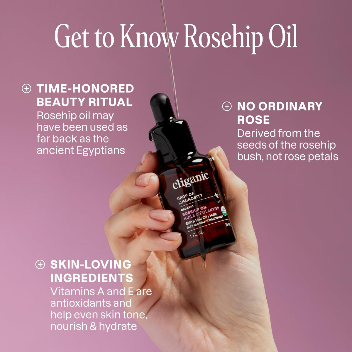 Close-up of Cliganic rosehip oil texture highlighting pure cold-pressed quality