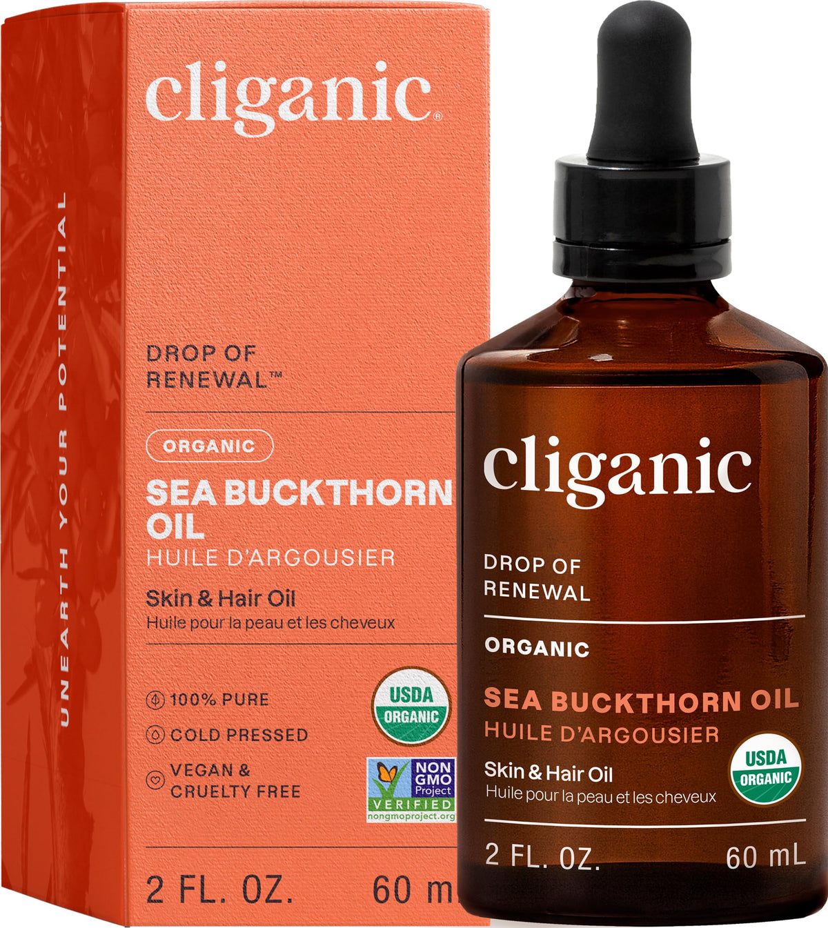 Cliganic bottle front view showing organic sea buckthorn oil for radiant skin
