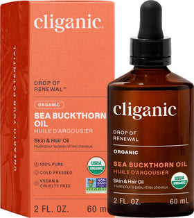 Cliganic bottle front view showing organic sea buckthorn oil for radiant skin