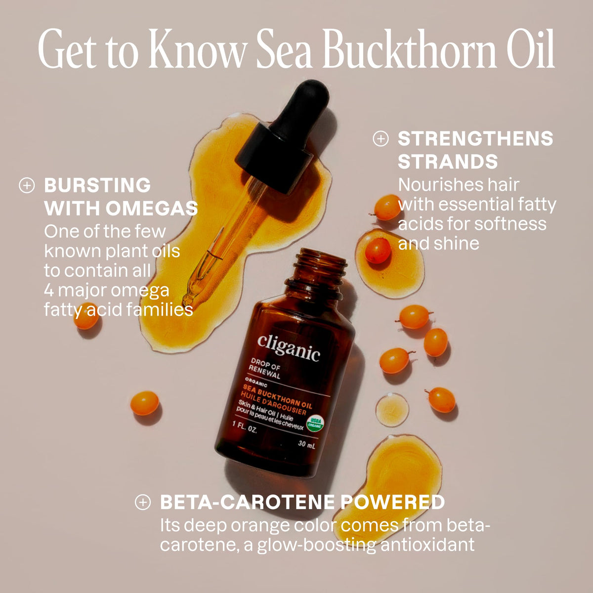 Drop of Cliganic sea buckthorn oil texture demonstrating lightweight absorption