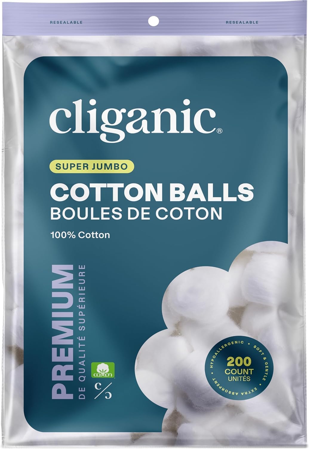 Cliganic front packaging showing 200-count cotton balls and value