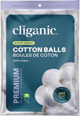 Cliganic front packaging showing 200-count cotton balls and value