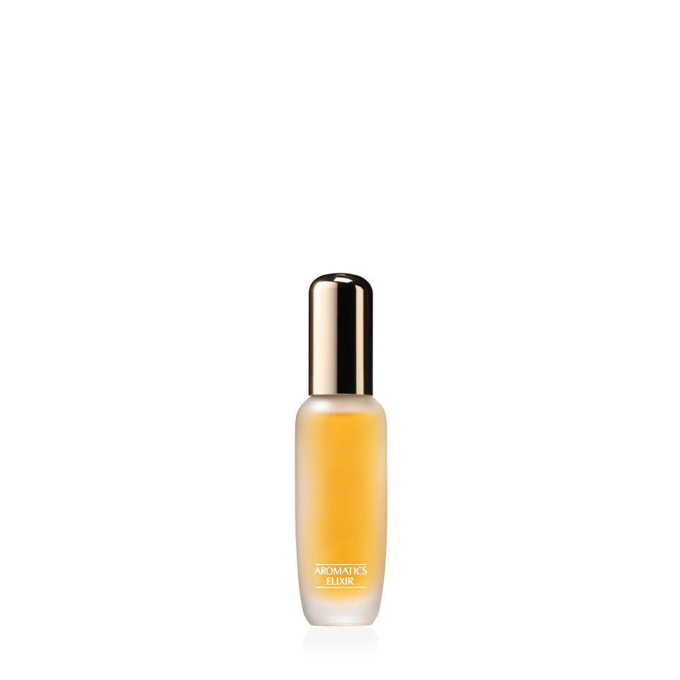 Clinique Aromatics Elixir front packaging showing compact travel bottle and elegant design benefit: easy portability