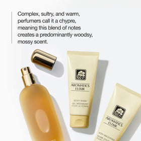 Flatlay of Clinique Aromatics Elixir with rose and patchouli accents showing ingredient depth