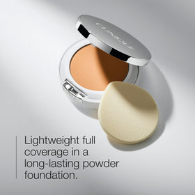 Clinique open pan close-up highlighting fine pressed powder texture for smooth coverage