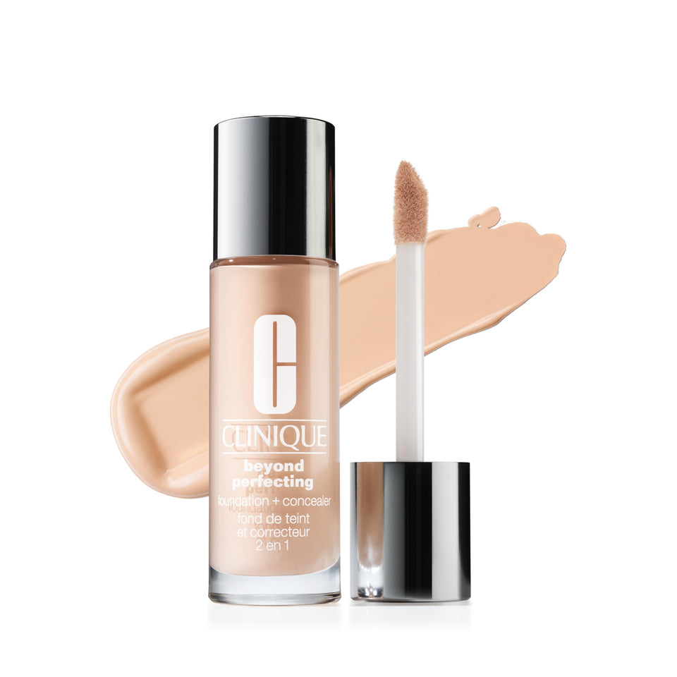 Clinique bottle front view showing label and Alabaster shade, highlights long-wear benefit